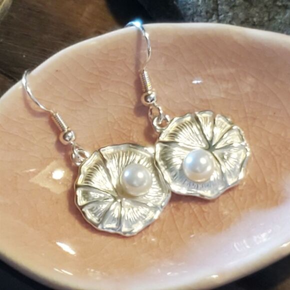 Hand Crafted Jewelry - Hand Crafted Silver Plated Lily Pad White Faux Cultured Pearl Dangle Earrings